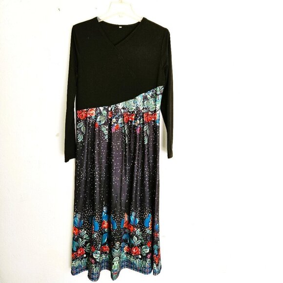 Generic Dresses & Skirts - Generic Casual Stitching flower Print Elegant Black Midi Dress Size Medium